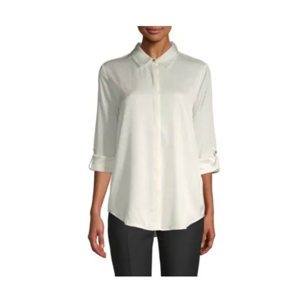 Donna Karan Rolled Sleeve Stretch Silk Button-Down Shirt - instantly sexy